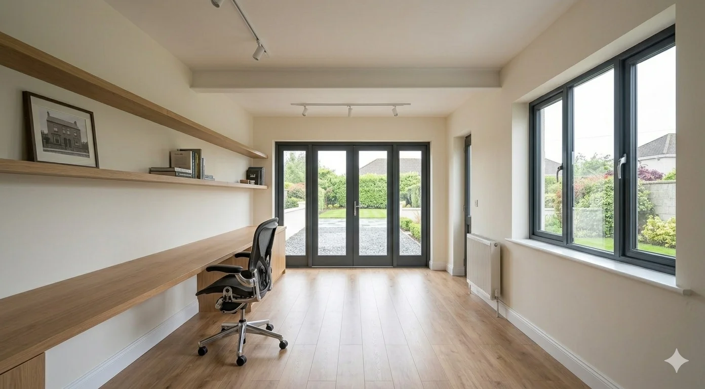 Professional garage to home office conversion with built-in desk and French doors in South Dublin — BR Building Services