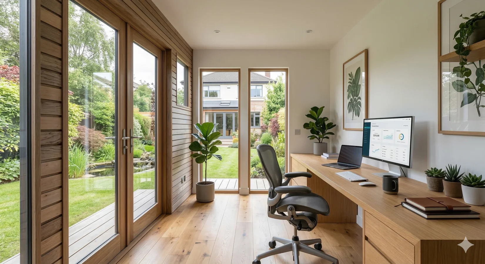 Spacious garden room office with wooden floors, large windows and garden views in Dublin