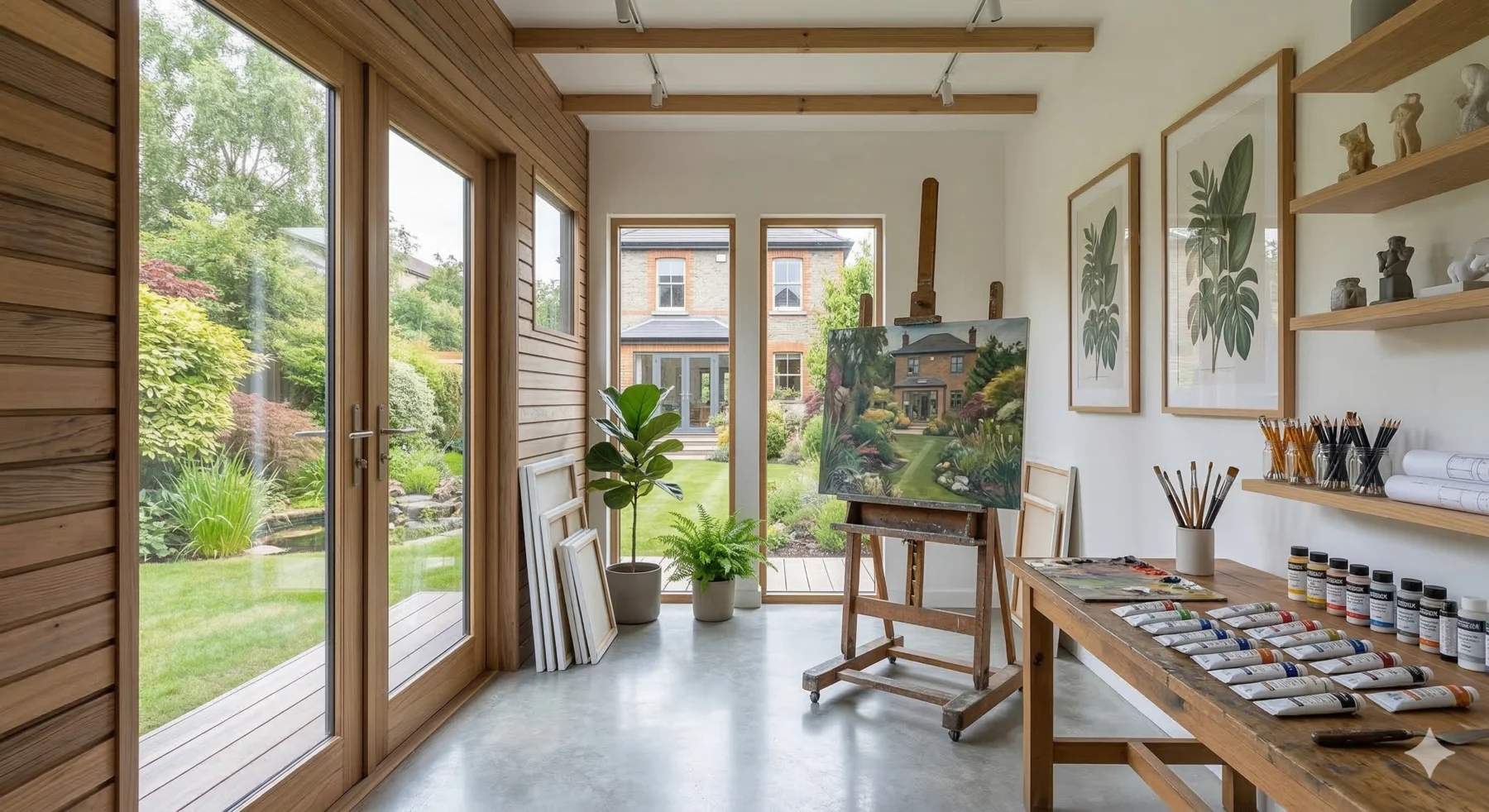 Garden room art studio with easel, natural light and painting supplies in South Dublin