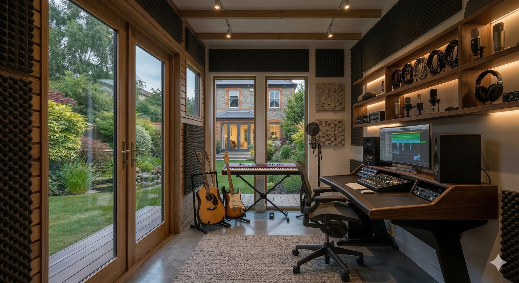 Modern garden room music studio with full-height glazing and garden views