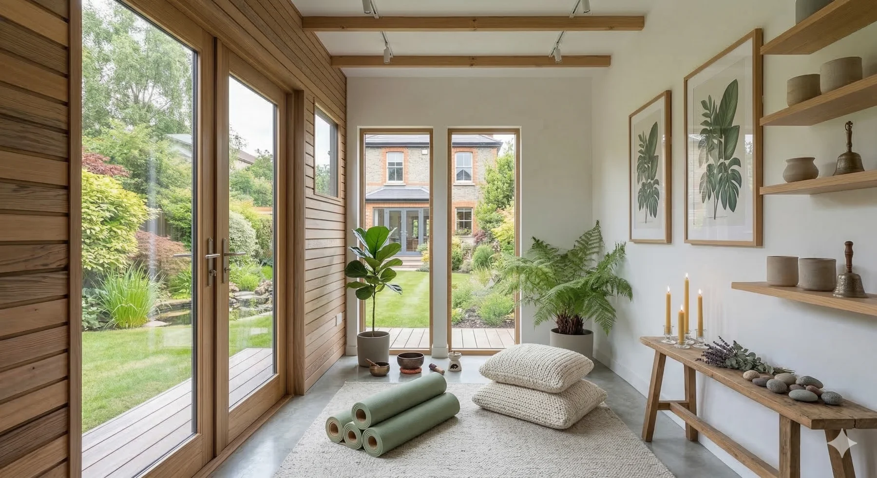 Garden room wellness and yoga space with natural light and garden views