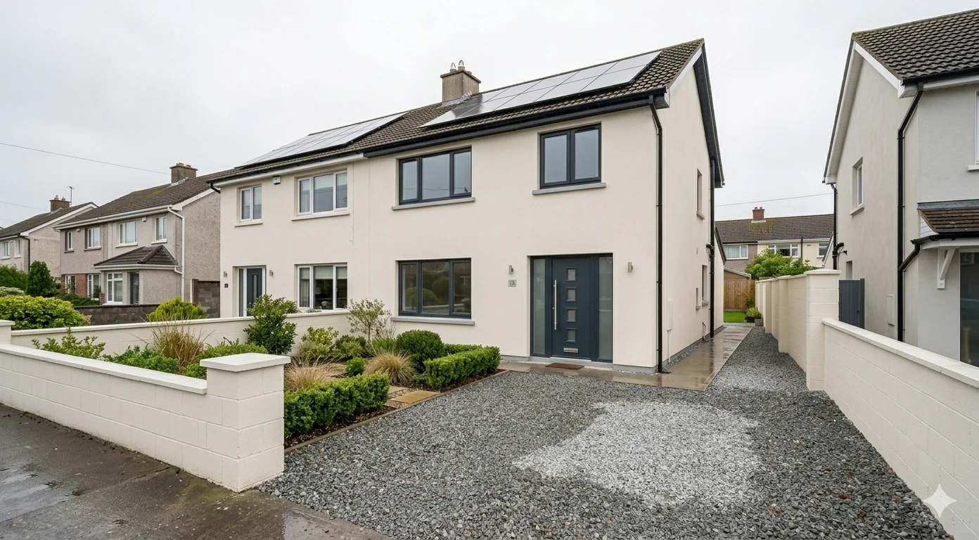 Fully renovated Dublin semi-detached house with new render, solar panels, and anthracite grey front door — BR Building Services