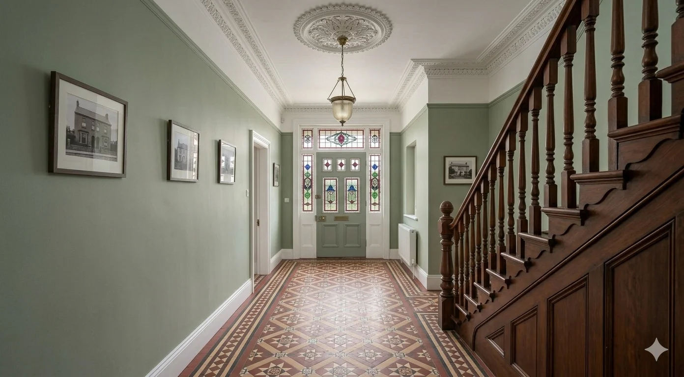 Restored Victorian hallway with encaustic tiled floor, stained glass door, and period cornice in Dublin — BR Building Services