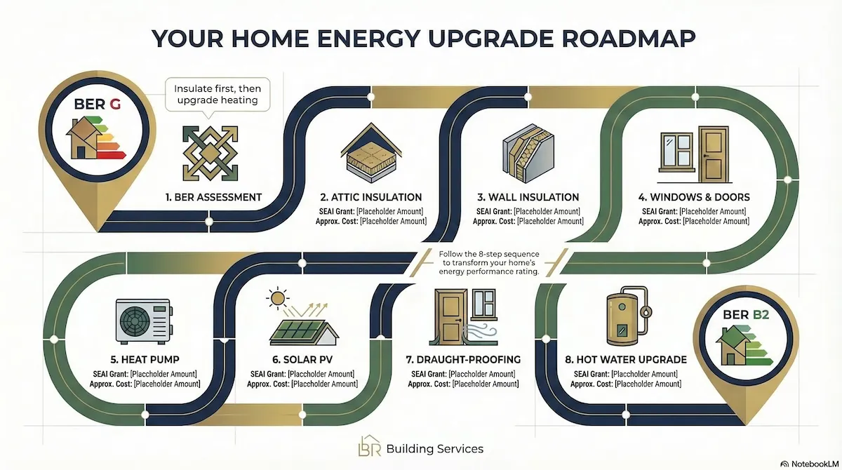Infographic: Home Energy Upgrade Roadmap from BER G to B2 - Step by Step Guide for Dublin Homes