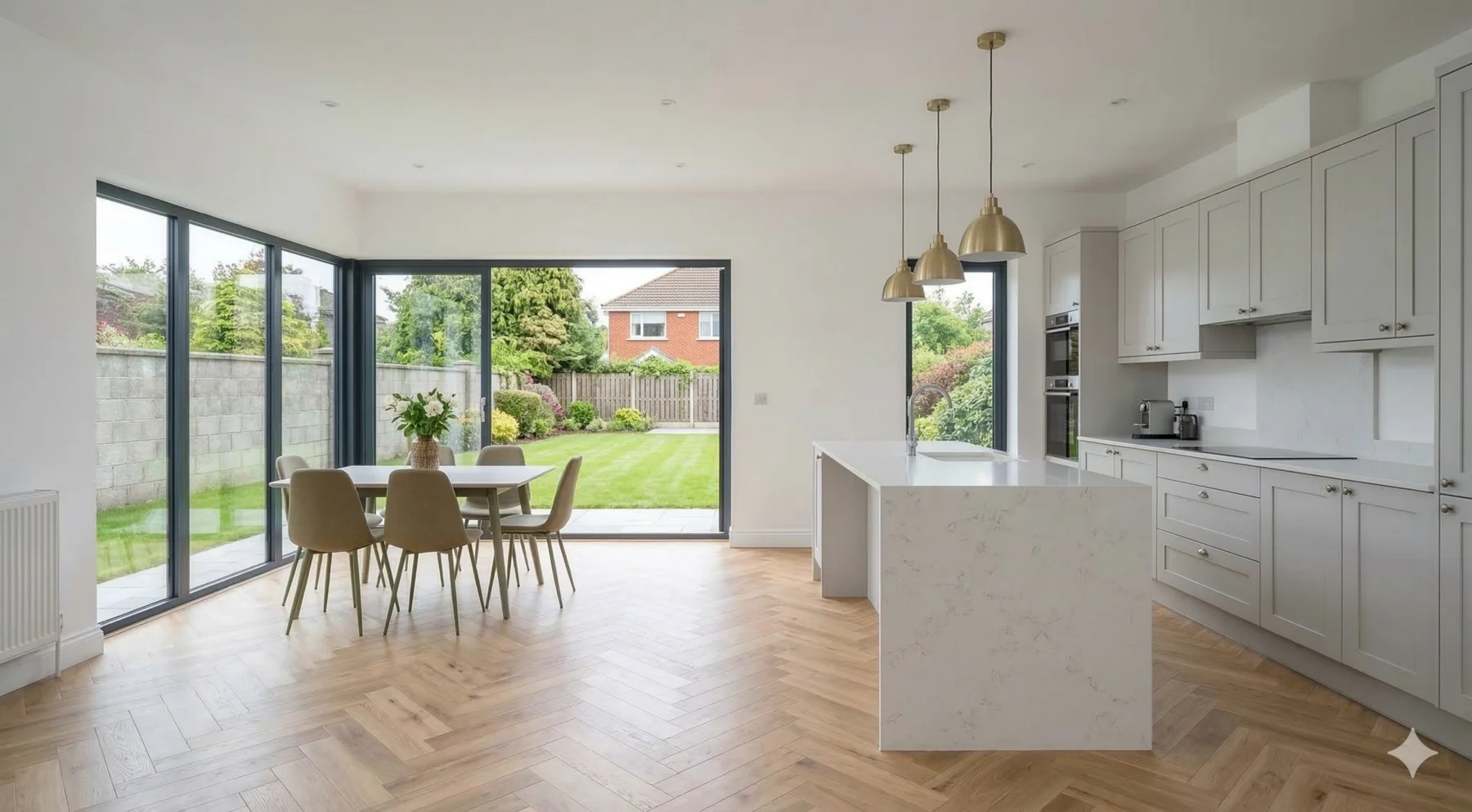 Modern open-plan kitchen renovation with herringbone flooring and island in South Dublin — BR Building Services